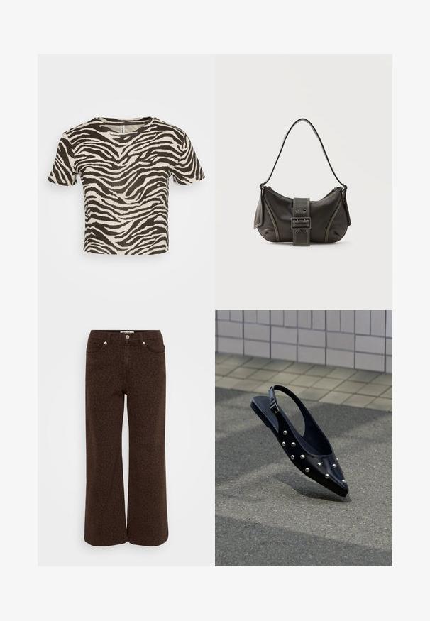 Zebra-striped t-shirt i beige og mørkebrun. Korte ærmer, rund halsudskæring, lavet af let stof med en løs pasform.; Brune viddejeans med et subtilt leopardmønster. Lavet af denim og har et fem-lomme-design samt metalknaplukning.; Sort spids slingback-sko med sølvnitter, der svæver over asfalt tæt på flisebelagt væg.; Sort læder skuldertaske med spænde på remmen, afrundede kanter og kontrasterende hvide syninger på en ensfarvet baggrund.