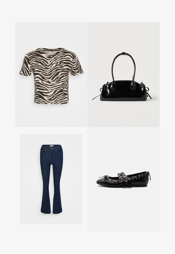 Gestreiftes T-Shirt in Beige und Dunkelbraun mit Zebramuster. Kurze Ärmel, runder Ausschnitt, aus leichtem Stoff mit lockerer Passform.; Dunkelblaue Jeans im Bootcut-Stil mit klassischem Fünf-Taschen-Design, metallischem Knopfverschluss und Nähakzenten an den Taschen.; Schwarzer flacher Ballettschuh mit doppelten Schnallenriemen, silbernen Ösen und einer kleinen Schleife nahe der abgerundeten Spitze auf weißem Hintergrund.; Kleine schwarze glänzende Handtasche mit zwei langen Griffen und seitlichen Kordelzug-Details vor einfachem hellem Hintergrund.