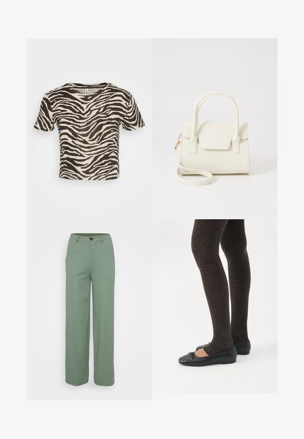 Camiseta de rayas de cebra en beige y marrón oscuro. Manga corta, escote redondo, hecha de una tela ligera con un corte holgado.; Pantalones de pierna ancha en una tela verde claro con una textura suave. Presenta un cierre de botón en la parte delantera y dos bolsillos laterales.; Piernas con leggings oscuros acanalados combinados con bailarinas negras que presentan pequeños detalles de lazo sobre un fondo blanco.; Bolso pequeño blanco con doble asa, solapa frontal y correa de hombro desmontable con cierre dorado sobre fondo blanco liso.