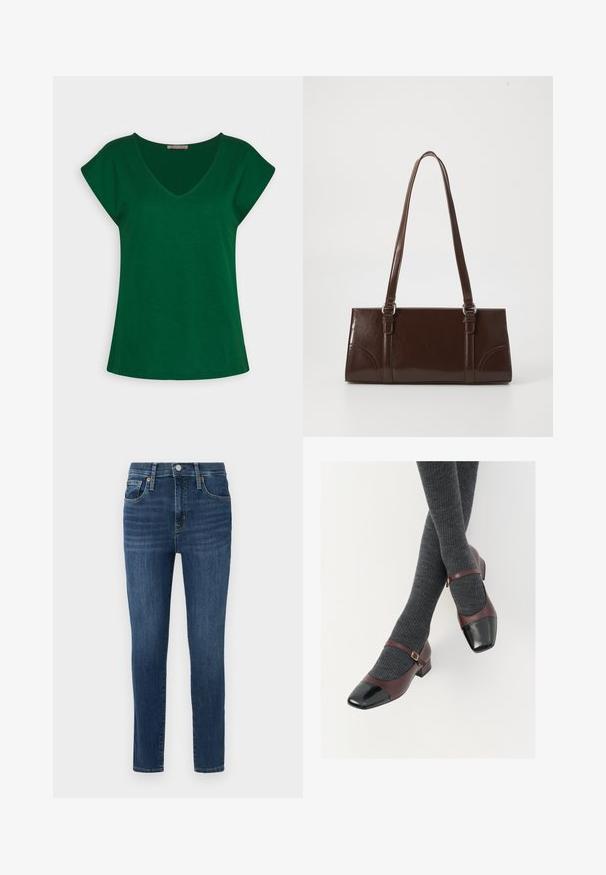 T-shirt vert à manches courtes avec un décolleté en V, fabriqué en coton doux, présentant des lignes épurées et une coupe décontractée.; Jean en denim bleu foncé avec une coupe slim, design à cinq poches, accents en cuivre sur les boutons et légères décolorations à l'avant. Ourlet propre et taille standard.; Chaussures Mary Jane en cuir bordeaux avec un contrefort en verni noir et une fine sangle à la cheville ; portées avec des chaussettes côtelées gris foncé. Talon carré bas.; Sac à main en cuir verni marron de forme rectangulaire, avec deux longues poignées et des accents courbés subtils à l'avant.