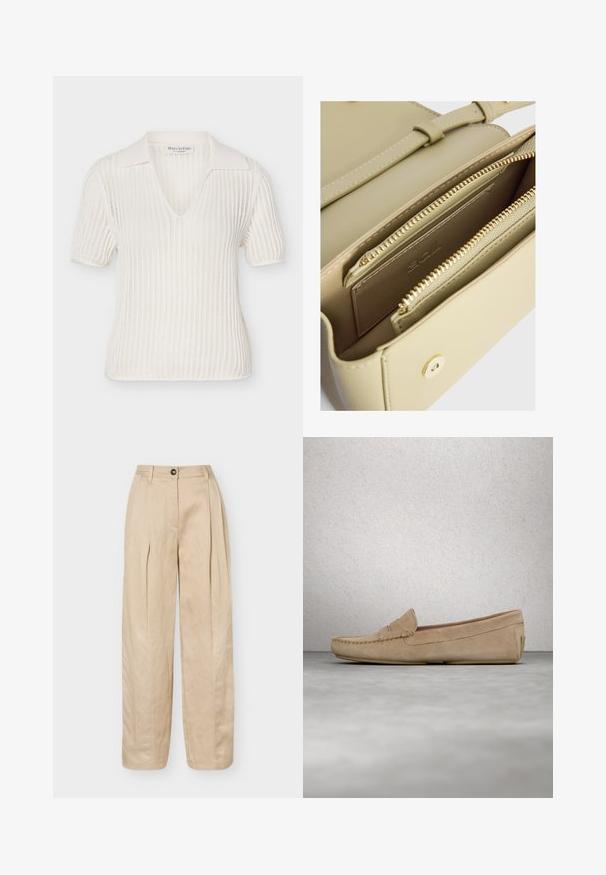 Hvid strikket polo med korte ærmer, åben væve til mønster og krave fra mærket Marc O'Polo.; Beige bukser med vide ben, forreste folder, bæltestropper, knaplukning og en glat finish.; Beige ruskinds loafers med broderet tådetalje og en glat overflade. Flad hæl og afrundet form. Minimalistisk design uden udsmykninger.; Lys grøn lædertaske med guldfarvet metal, der har lynlås- og slip-lommer samt synlige syninger.