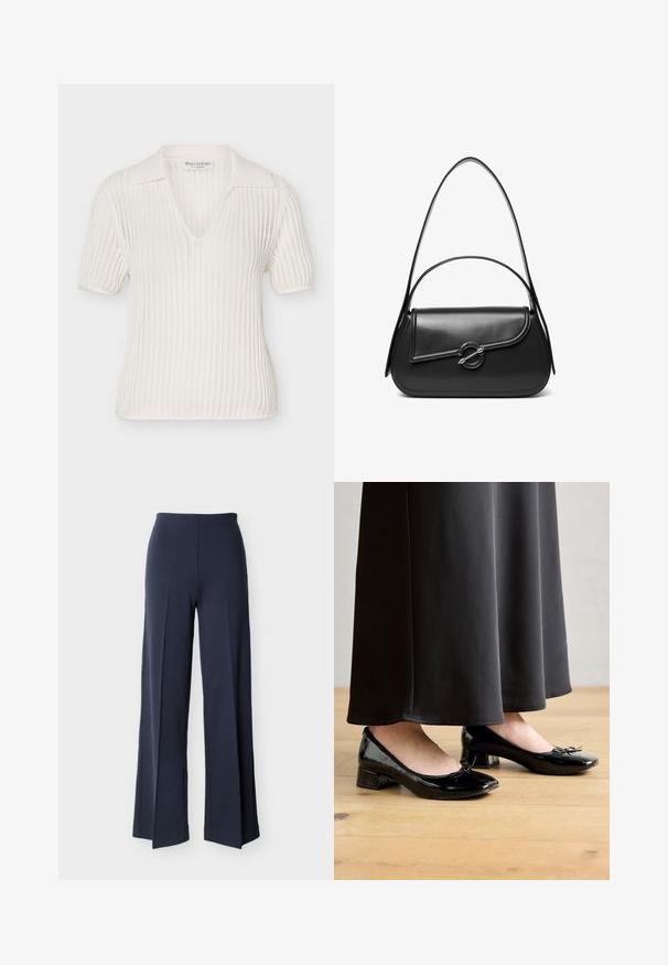 Polo de manga corta tejido en blanco con patrón de tejido abierto y cuello de la marca Marc O'Polo.; Pantalones azul marino de pierna ancha con aberturas laterales, cintura alta y parte delantera lisa, exhibidos sobre un fondo blanco.; Bailarinas de charol negro con un acento de moño, tacón bajo y punta redondeada, llevadas con una falda larga negra sobre un suelo de madera.; Bolso de hombro de cuero negro con una solapa curva asegurada por un broche metálico redondo y una correa delgada y ajustable.