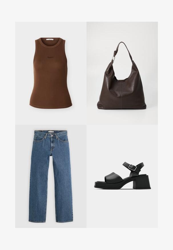 Braunes, geripptes, ärmelloses Tanktop mit rundem Ausschnitt und kleinem, schwarzem, gesticktem Logo in der Mitte vorne.; Blaue Jeans aus Denim mit geradem Schnitt, fünf Taschen, Knopfverschluss und kontrastierenden Nähten an den Säumen.; Schwarze Leder-Plateausandalen mit einem Peeptoe-Design, Knöchelriemen und einem klobigen, quadratischen Absatz. Sanfte Textur und minimalistischer Stil.; Zign Shopping Bag - chocolate brown