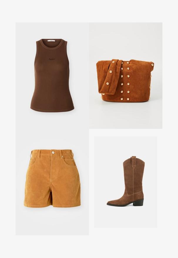 Débardeur marron côtelé sans manches avec encolure ronde et petit logo noir brodé au centre devant.; Shorts taille haute en daim marron avec bouton à l'avant, passants de ceinture et style à cinq poches sur fond blanc uni.; Botte western en daim marron mi-mollet avec bout pointu, languette en haut, et talon bas empilé noir sur fond uni.; Sac à épaule en daim marron avec une large sangle, présentant des clous en métal doré disposés en motif vertical sur le devant et les côtés.