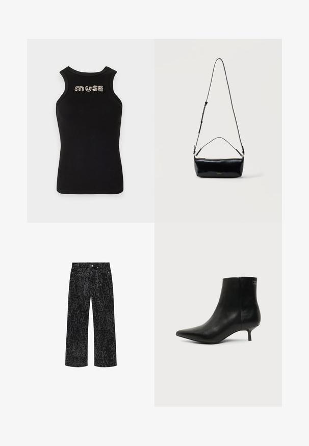 Débardeur noir sans manches avec texture côtelée et un col rond, arborant le mot "muse" en strass argentés sur la poitrine.; Jean noir à jambes larges avec motif léopard gris foncé, poches avant, fermeture par bouton et zip.; Bottine en cuir noir avec bout pointu et petit talon kitten sur fond clair, vue côté extérieur.; Sac bandoulière rectangulaire en cuir noir avec bandoulière ajustable, fermeture éclair sur le dessus et petit logo Calvin Klein doré sur le devant.