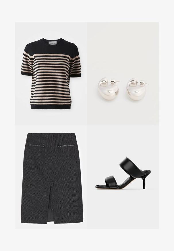 Stripet kortærmet sweater lavet af et blødt materiale; har marineblå og beige striber, rund halsudsigt og ribbet kant.; Sort blyantskørt med en tekstureret vævning, der har to falske lommer og en bagtil vent for bevægelighed. Glat indre foring.; Sort læder mule sandal med to brede remme og en slank mellemhøj stiletthæl på en ensartet lys baggrund.; Par af skinnende sølv store øreringe med lukning på bagsiden mod en ensfarvet hvid baggrund.