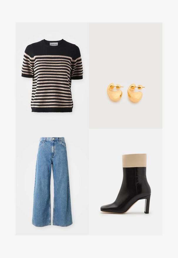Pull à manches courtes rayé, fabriqué dans un matériau doux ; il présente des rayures bleu marine et beige, un col rond et un ourlet côtelé.; Jean en denim léger bleu clair à taille haute, avec fermeture à boutons et à glissière à l'avant, et poches avant sur fond blanc.; Botte chelsea noire en cuir avec un accent crème en haut, bout pointu et un talon haut avec des accents argentés. Texture lisse sans motifs visibles.; Paire de petites boucles d'oreilles clous épaisses en métal doré avec des formes lisses, courbes et abstraites sur un fond clair.