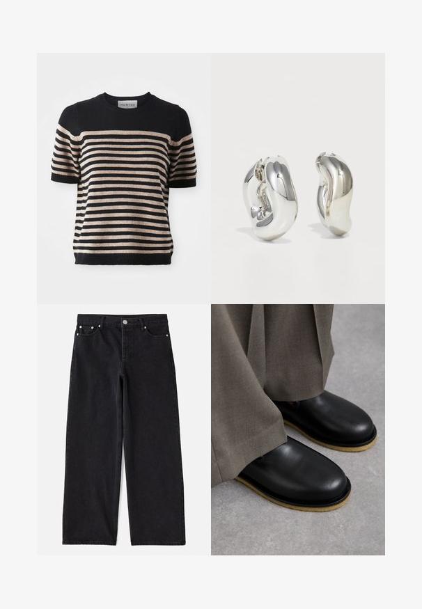 Pull à manches courtes rayé, fabriqué dans un matériau doux ; il présente des rayures bleu marine et beige, un col rond et un ourlet côtelé.; Jean en denim noir à jambes larges avec cinq poches, fermeture à bouton et accessoires en métal argenté. Offre une silhouette propre et ajustée ainsi qu'une texture subtile.; Chaussures en cuir noir à bout rond, semelle plate et semelle extérieure contrastante brun clair, associées à des pantalons gris amples.; Boucles d'oreilles sculpturales en argent avec des formes douces et courbes et des surfaces réfléchissantes. Présentent un design de boucle fermée et une forme organique distincte.
