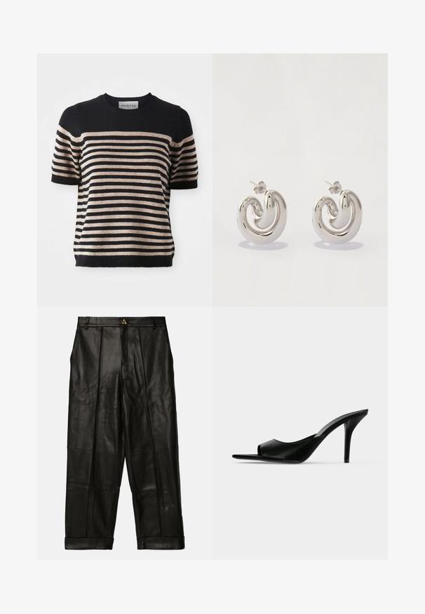 Pull à manches courtes rayé, fabriqué dans un matériau doux ; il présente des rayures bleu marine et beige, un col rond et un ourlet côtelé.; AERON ZIMA PANTS - Pantalon en cuir - black; Mule à talon haut en cuir noir à bout ouvert avec un talon stiletto fin, vue de profil sur un fond uni.; Boucles d'oreilles en métal argenté avec un design tourbillonnant, présentant des surfaces lisses et une finition polie, maintenues par un fermoir en papillon.