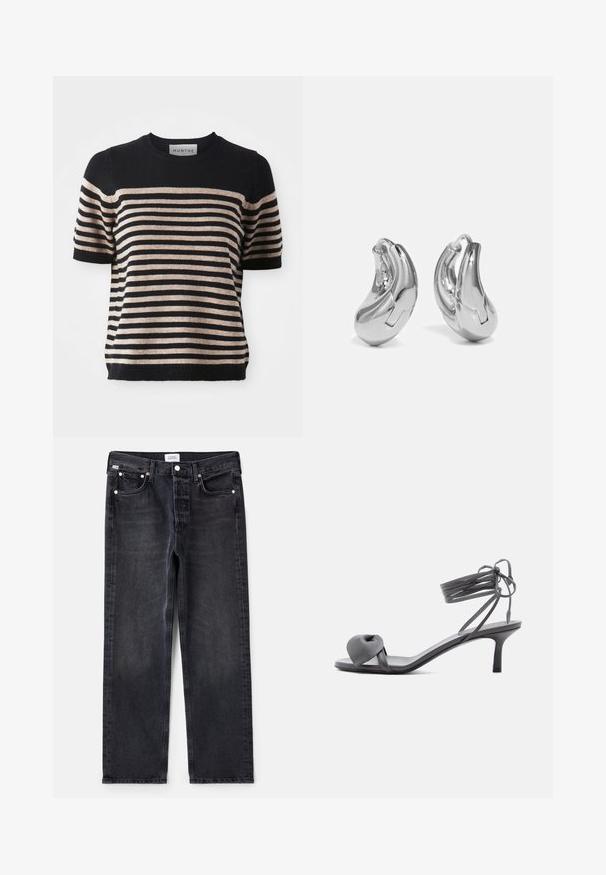 Pull à manches courtes rayé, fabriqué dans un matériau doux ; il présente des rayures bleu marine et beige, un col rond et un ourlet côtelé.; Jean en denim noir avec une coupe droite, cinq poches, quincaillerie en argent et une texture légèrement décolorée. Design classique avec un minimum de détails.; Sandale à talon en cuir gris avec une bride nouée sur les orteils et des lacets enroulants autour de la cheville, sur un talon moyen et fin, sur fond blanc.; Boucles d'oreilles en argent en forme de créoles avec une finition incurvée et brillante, et un design sans couture. Équipées d'une fermeture à charnière pour un port sécurisé.