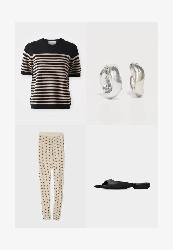 Gestreiftes Kurzarm-Strickoberteil aus einem weichen Material; mit marineblauen und beigen Streifen, Rundhalsausschnitt und geripptem Saum.; Beige Leggings mit einer weichen Textur, versehen mit einem rundum Muster aus kleinen dunklen Blumen. Elastischer Bund für eine bequeme Passform.; Schwarze offene Slide-Sandale mit offenem Zehenbereich, strukturierter Sohle und minimalistischem Design, seitlich auf einem schlichten hellgrauen Hintergrund betrachtet.; Silberne skulpturale Ohrringe mit glatten, geschwungenen Formen und reflektierenden Oberflächen. Sie verfügen über ein geschlossenes Ringdesign und eine ausgeprägte organische Form.
