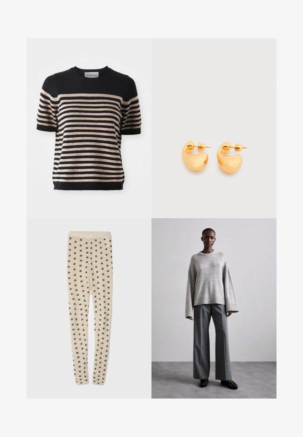 Pull à manches courtes rayé, fabriqué dans un matériau doux ; il présente des rayures bleu marine et beige, un col rond et un ourlet côtelé.; Leggings beiges au toucher doux, ornées d'un motif de petites fleurs sombres sur l'ensemble. Taille élastique pour un ajustement confortable.; Pull en maille gris avec des manches larges et un ourlet côtelé, assorti à un pantalon gris taille haute avec un motif à carreaux discret et des mocassins noirs.; Paire de petites boucles d'oreilles clous épaisses en métal doré avec des formes lisses, courbes et abstraites sur un fond clair.