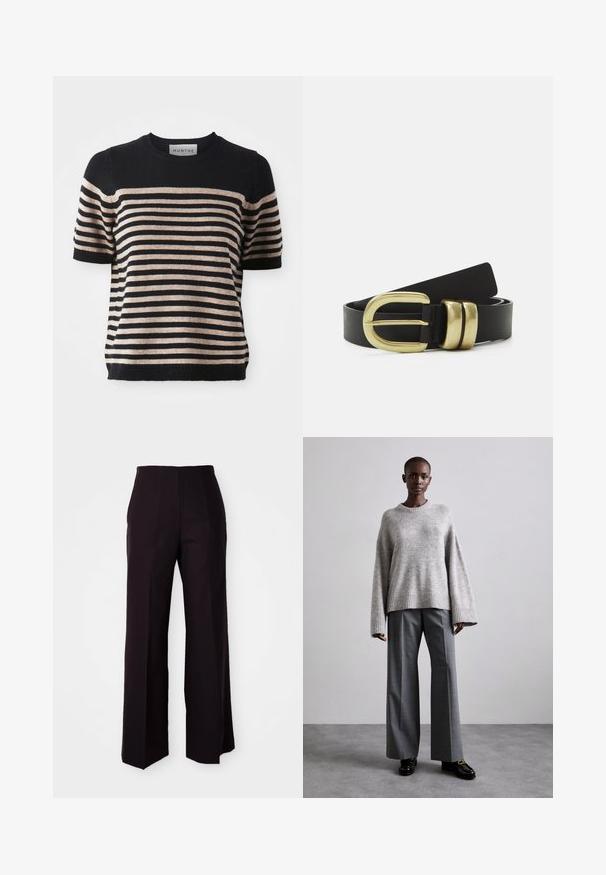Stripet kortærmet sweater lavet af et blødt materiale; har marineblå og beige striber, rund halsudsigt og ribbet kant.; Sorte vide benbukser med høj talje, der har en glat tekstur og subtile frontfolder, skræddersyet til en struktureret pasform.; Grå strikket sweater med brede ærmer og ribbet kant, parret med høj-taljede grå bukser med et subtilt ternet mønster og sorte loafers.; Sort læderbælte med en stor guldspænde med to runde detaljer, glat tekstur og et elegant design.