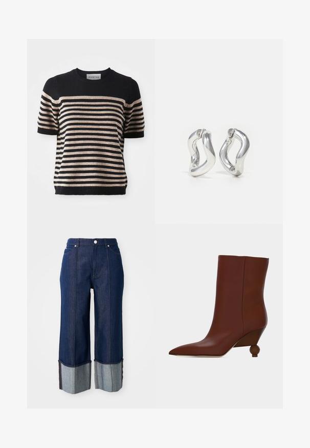 Gestreepte kortemouwen trui gemaakt van een zachte stof; heeft marineblauwe en beige strepen, een ronde halslijn en een ribgebreide zoom.; Donkerblauwe wijde jeans met opgerolde pijpen die lichter denim tonen, met een knoop aan de voorkant en zakken, op een witte achtergrond.; Bruine leren enkellaars met een spitse neus en een unieke afgeronde houten hak op een effen lichte achtergrond.; Zilveren oorbellen met een gedraaid ontwerp. Afgeronde randen en een glanzende afwerking. Open sluitingen voor gemakkelijk dragen. Soepele textuur over het geheel.