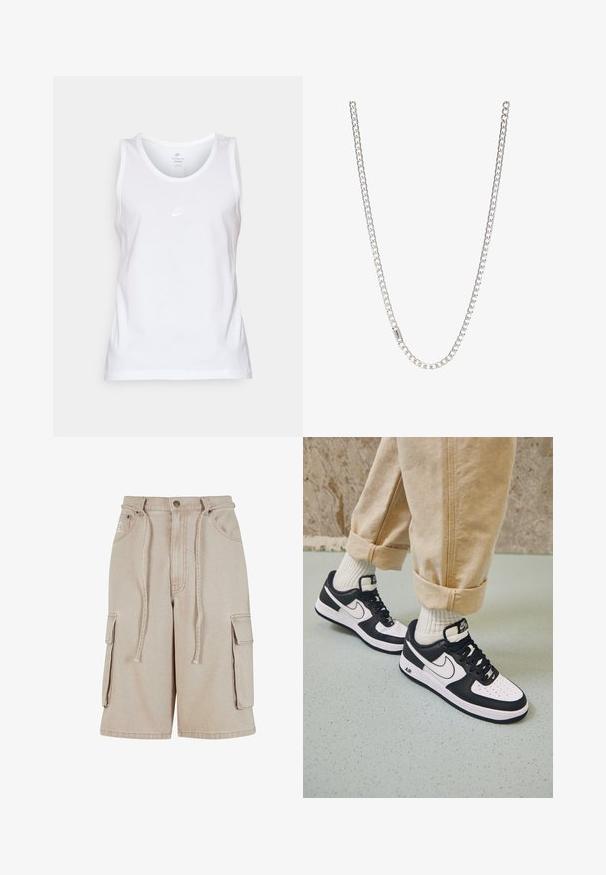Camiseta sin mangas de algodón blanca con escote redondo, diseño sin mangas y un pequeño logotipo tonal de Nike en la parte frontal. Textura suave.; Pantalones cortos cargo beige de algodón con cintura con cordón, dos bolsillos laterales y un bolsillo lateral adicional, que presentan detalles de costura visibles.; Zapatillas Nike Air Force 1 en blanco y negro con parte superior de cuero, puntera perforada y detalle de suela texturizada, combinadas con pantalones beiges remangados y calcetines blancos.; Collar de cadena de plata con eslabones entrelazados, textura suave y forma rectangular uniforme. Detalle de cierre seguro.