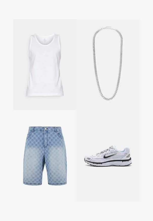 Witte katoenen top met een ronde halslijn, zonder mouwen en een klein ton-sur-ton Nike-logo op de voorkant. Zachte textuur.; Lichtblauwe denimshorts met een gestructureerd patroon van overlappende cirkels. Bevat vijf zakken en een klassieke knoop- en ritssluiting.; Witte hardloopschoen met een bovenkant van mesh, ronde neus, zwarte accenten en een geëtst zool. Kenmerken van veters en branding aan de zijkant.; Zilveren metalen kettinghalsband met verweven schakels, een gladde textuur en een verstelbare sluiting voor het aanpassen van de lengte.