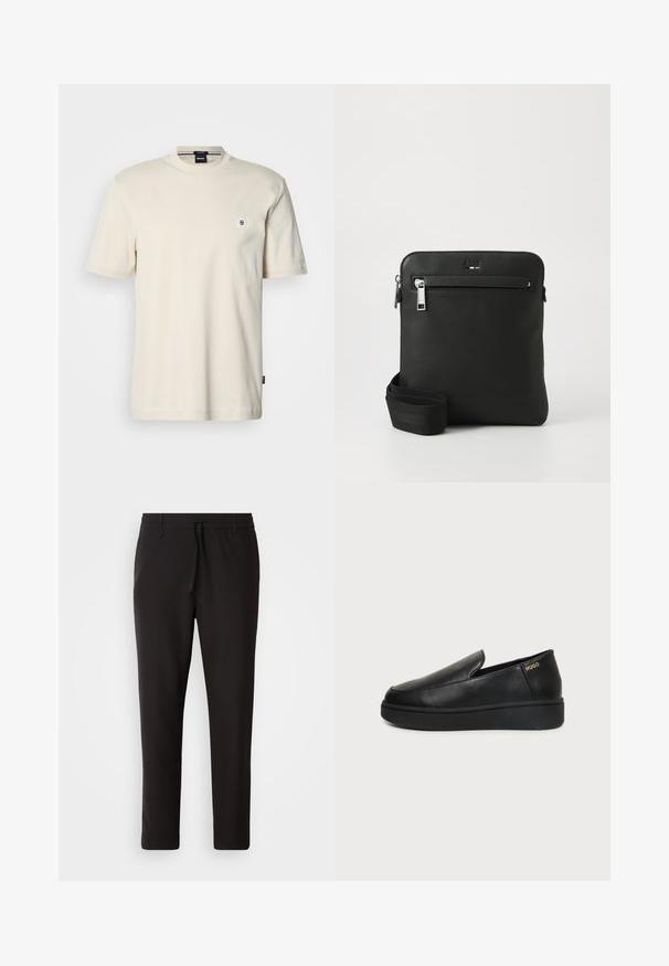 T-shirt à manches courtes et col rond en coton beige clair. Présente un petit logo rond sur la poitrine et un ourlet droit.; Pantalons de jogging noirs en tissu lisse. Dotés d'une taille élastique avec cordon de serrage, jambes fuselées, et sans poches visibles. Design simple.; HUGO NESTON SLON - Chaussons - black; Sac bandoulière en cuir noir avec un design plat, surface texturée, fermeture éclair, poche avant et une sangle en tissu ajustable.