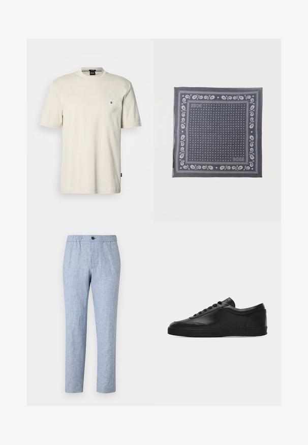 T-shirt met korte mouwen en ronde hals in licht beige katoen. Voorzien van een klein rond logo op de borst en een rechte zoom.; Lichtblauwe, linnenmix broek met een elastische tailleband en een enkele knoopsluiting. Rechtafstaande pijpen, gestructureerde stof, zonder patronen.; Zwarte lage leren sneaker met vetersluiting aan de voorkant en een platte rubberen zool, gezien van de zijkant tegen een effen witte achtergrond.; Donkergrijs bandana met wit paisleymotief, kleine stippen en "BOSS"-logo in twee hoeken op een effen achtergrond.