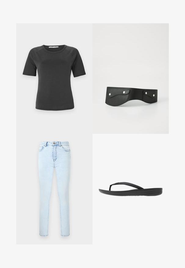 Donkergrijze korte mouwen t-shirt met ronde hals, gemaakt van soepele stof, met raglan mouwen en een minimalistisch ontwerp.; Lichtblauwe skinny jeans met hoge taille, voorzien van een knoop- en ritssluiting aan de voorkant, voor- en achterzakken, getoond tegen een witte achtergrond.; Zwarte flip-flop met een gestructureerde band, een gevoerde zool en een strak, minimalistisch ontwerp. Geschikt voor casual gebruik.; Zwarte leren riem met twee ronde zakken, vastgezet met zilveren drukknoopjes. Glad oppervlak, licht gebogen ontwerp.