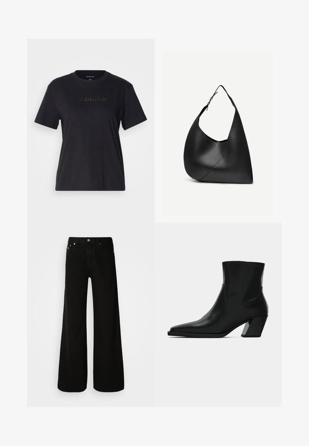 Sort bomulds t-shirt med korte ærmer, med et gyldent broderet "Calvin Klein" logo på tværs af brystet. Enkel, udekoreret design.; Sorte vide ben jeans lavet af denim, med høj talje, klassisk fem-lomme design og sølvfarvet knaplukning.; Sortlæder ankelstøvle med spids tå, en slank silhuet og en kraftig firkantet hæl. Glat tekstur med minimale stikninger.; Sort læder skuldertaske med buet trekantet form, enkelt justerbart rem og synlig diagonal søm foran.