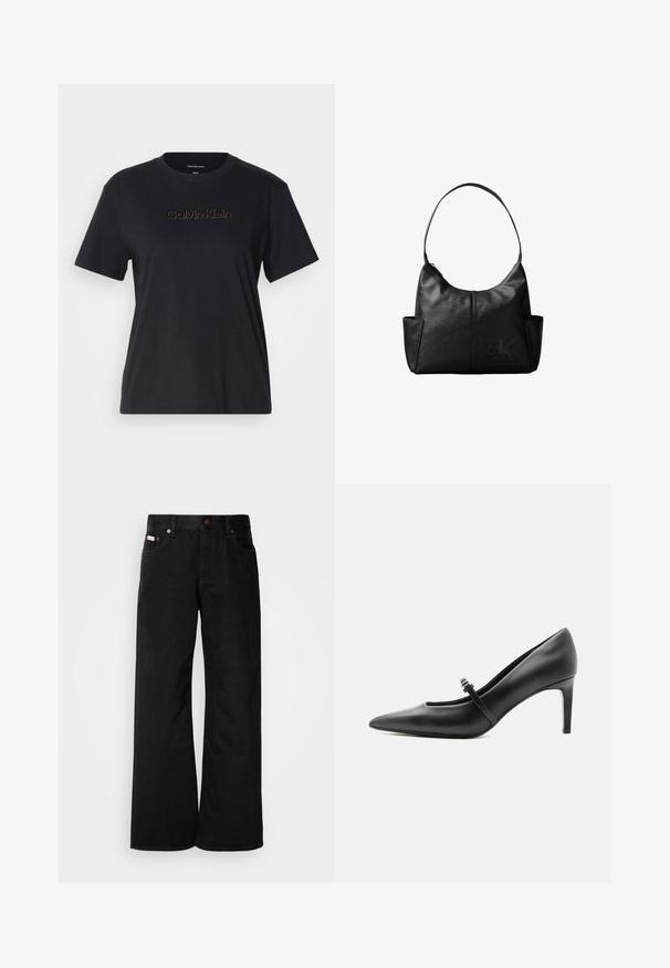 Sort bomulds t-shirt med korte ærmer, med et gyldent broderet "Calvin Klein" logo på tværs af brystet. Enkel, udekoreret design.; Sorte breddebenede jeans lavet af bomuld. Har forlommer, en knaplukning og en klassisk denimtekstur. Minimalistisk design uden mønstre.; Sort læderspids højhælede sko med tynd rem og spænde over vristen, stående på en neutral lys baggrund.; Sort læder skuldertaske med en enkelt rem, sidelommer og et diskret prægede Calvin Klein-logo på forsiden nederst til højre.