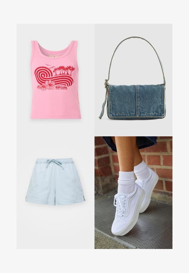 Pink ribbet tanktop med rødt grafisk motiv af bølger, palmer, blomster, fugle og "RIP CURL"-logo med teksten "Heritage Surf Brand Since 1969."; Lysblå, letvægts shorts med elastisk talje og snøre. Har sidelommer og en afslappet pasform, lavet af blødt stof.; Hvide lærreds sneakers med gummisåler, der har seks snørehuller, rund tå og let sømdetaljer, krydret med hvide ankelstrømper.; Denim skuldertaske med fold-over design, lys blå farve, synlige sømme, justerbar rem og en sidelabel-detalje.