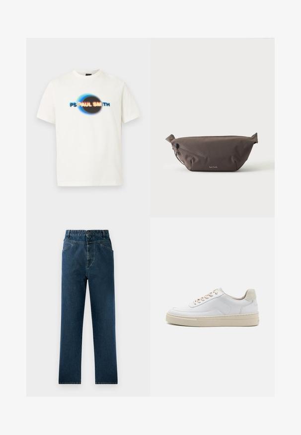 Weißes T-Shirt mit kurzen Ärmeln und einem verschwommenen schwarzen Kreis sowie dem Text "PS PAUL SMITH" in Blau, Gelb, Rot und Schwarz auf der Brust.; Dunkelblaue Denim-Jeans mit geradem Bein und hoher Taille, mit Fronttaschen und Knopfverschluss. Texturiert mit subtilen Auswaschungen.; Weiße Sneaker mit einem glatten Lederobermaterial, beigen Schnürsenkeln und einer strukturierten, beigen Wildleder-Fersenschlaufe. Erhöhte Sohle für zusätzlichen Komfort.; Dunkelbraune Stoff-Gürteltasche mit diagonalem Reißverschlussfach und kleinem weißen Logo vorne, vor einem einfarbigen hellen Hintergrund.