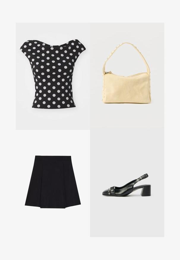 Haut noir à pois blancs, avec un col large et bardé, et une coupe cintrée. Fabriqué en tissu doux et extensible.; Jupe patineuse noire en tissu doux, avec une taille ajustée, des plis à l'avant et un ourlet évasé arrivant au genou.; Sandale à talon en cuir noir avec un bout pointu, une sangle texturée ornée d'accents métalliques circulaires et un talon empilé.; Petit sac à main en cuir beige avec une seule bandoulière et des clous argentés le long des bords et de la bandoulière, posé sur un fond uni.