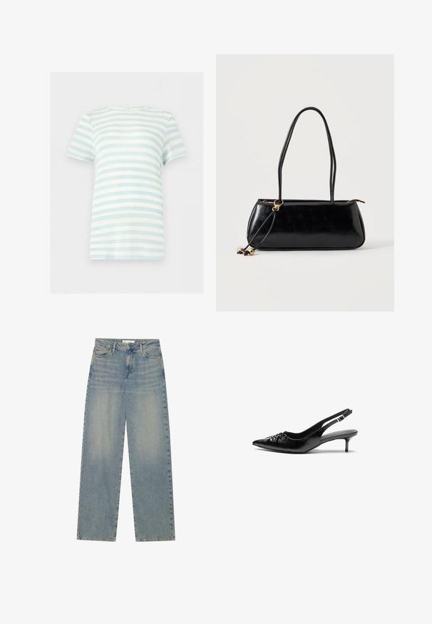Kortærmet T-shirt med rund hals med lyseblå og hvide vandrette striber, vist på en flad ensfarvet baggrund.; Lyseblå højtaljede lige ben jeans i denim med forlommer, bæltestropper og synlig knap- og lynlåslukning.; Sorte læder slingback-pumps med spids tå, lav kitten-hæl og rynket detalje på overdelen. Glat tekstur og minimalistisk design.; Sort rektangulær håndtaske med to lange stropper, guldringdetalje og lynlåslukning på en ensfarvet lys baggrund.