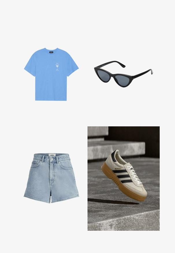 Lyseblå bomulds t-shirt med rund halsudskæring. Har en hvid grafik af et palmetræ og tekst på venstre brystområde. Korte ærmer.; Denimshorts i lys blå, med høj talje, fem-lomme design og frontknaplukning. Glat tekstur med klassisk snit.; Beige ruskindsneaker med sorte striber, hvide snørebånd og en gummisål i naturfarve. Har "SPEZIAL"-mærkning på siden.; Sorte katteøje solbriller med mørkegrå linser, slankt plastisk stel, spidse hjørner og lige stænger. Ingen synlig hardware eller dekorationer.