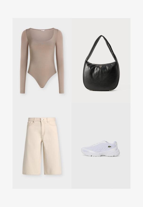 Beiger Langarm-Body mit Rundhalsausschnitt und figurbetontem Design, vor einem schlichten weißen Hintergrund dargestellt.; Beige knielange Denim-Shorts mit vorderem Knopf und Reißverschluss, Gürtelschlaufen und Fünf-Taschen-Stil.; Weiße Sportschuhe mit Netzobermaterial, strukturiertem Design und gepolstertem Kragen. Merkmale sind ein grünes Logo an der Seite und eine gepolsterte Sohle für Komfort.; Schwarze Leder-Hobo-Tasche mit glatter Textur, geschwungener Form und Reißverschluss. Mit einem goldfarbenen Logo-Akzent auf der Vorderseite.