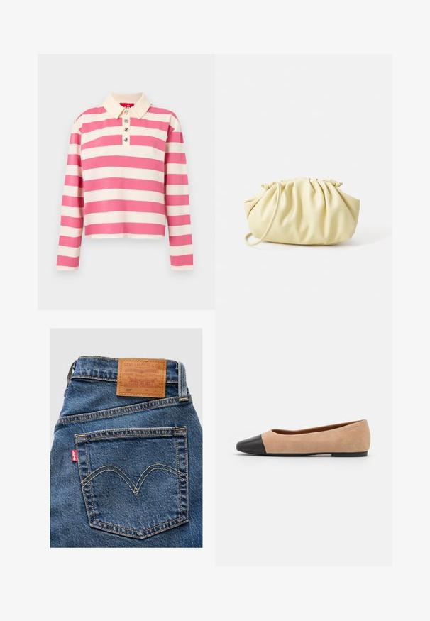 Stripet langærmet polo-shirt i pink og creme. Har en krave og tre dekorative knapper foran. Fremstillet af bomuldsmateriale.; Blå denim Levi's jeans baglomme med signatur buet syning, rød Levi's mærkat og brun læder mærke over linningen.; Beige ruskind balletflade med en sort læder rund tåkap, lav hæl og glat tekstur, der har minimal syning og et enkelt design.; Gul plisseret håndtaske lavet af glat kunstlæder, med en blød form, en enkelt skulderrem og samlet topdesign.