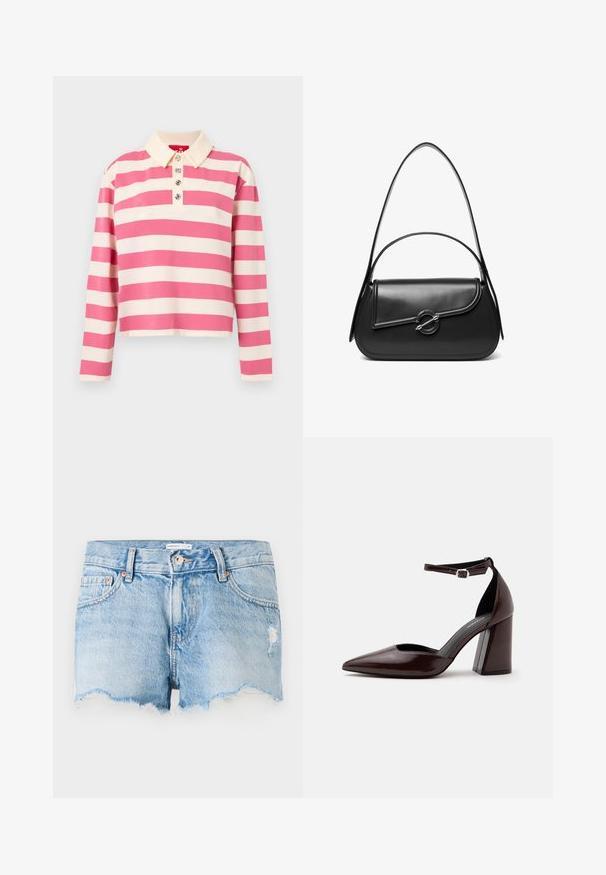 Stripet langærmet polo-shirt i pink og creme. Har en krave og tre dekorative knapper foran. Fremstillet af bomuldsmateriale.; Lysblå denimshorts med en flosset kant, fem-lomme design og en subtil slidtage detalje foran. Metalknaplukning.; Mørkebrunt læder pumps med spids tå, høj hæl, ankelrem og sølvspænde på hvid baggrund.; Sort skuldertaske i læder med en buet klap, der er fastgjort med en rund metal spænde, og en slank, justerbar rem.