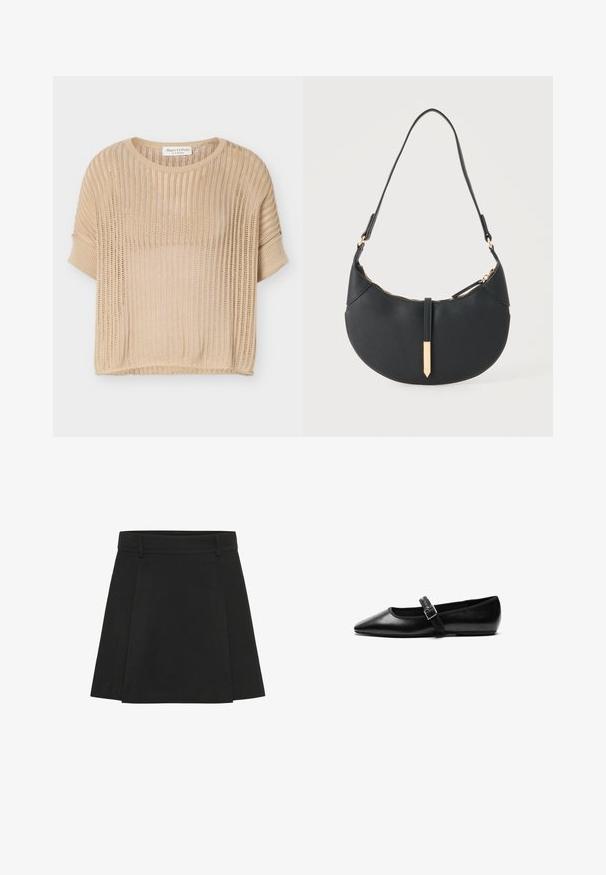 Pull beige à manches courtes en tricot avec motif ajouré et col rond, étiquette Marc O'Polo à l'intérieur du col.; Jupe plissée noire avec une taille structurée. Fabriquée à partir d'un tissu texturé, elle présente des plis distincts et un ourlet droit.; Chaussure noire plate en cuir avec un bout pointu, bride réglable avec une boucle en métal, texture lisse et design minimaliste.; Sac à main noir en forme de croissant avec une bandoulière unique, une fermeture éclair dorée et une languette décorative rectangulaire dorée à l'avant.