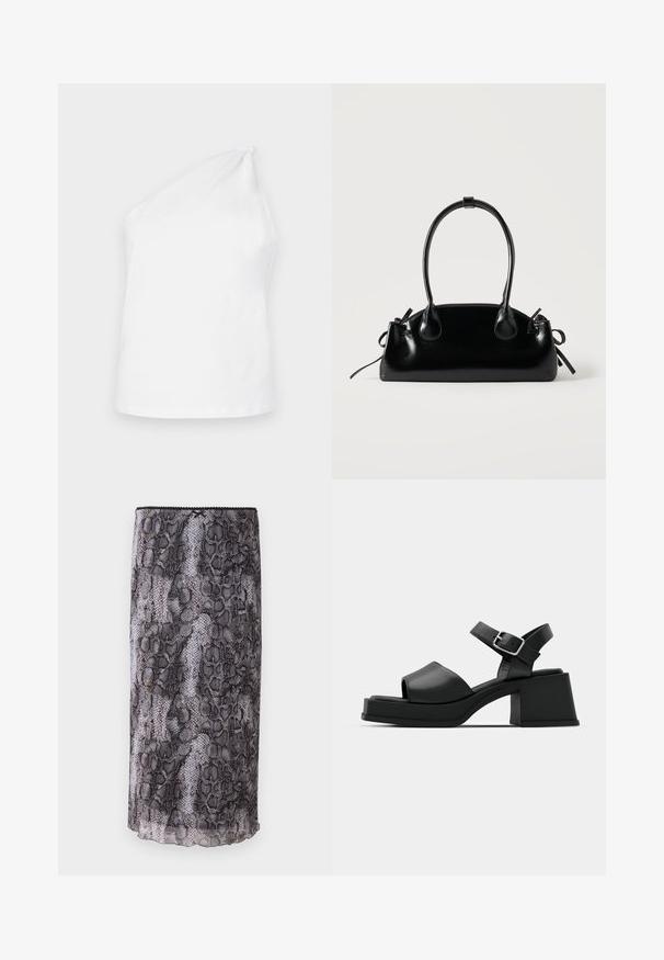 Weißes Baumwolltanktop mit einem einseitigen Schulterdesign und einem geknoteten Akzent. Glatte Textur und minimalistischer Stil.; Schwarz-weiße Schlangenhaut-Print Bleistiftrock aus einem transparenten, strukturierten Stoff. Mit einem gewellten Saum und einer detaillierten oberen Kante.; Schwarze Leder-Plateausandalen mit einem Peeptoe-Design, Knöchelriemen und einem klobigen, quadratischen Absatz. Sanfte Textur und minimalistischer Stil.; Kleine schwarze glänzende Handtasche mit zwei langen Griffen und seitlichen Kordelzug-Details vor einfachem hellem Hintergrund.