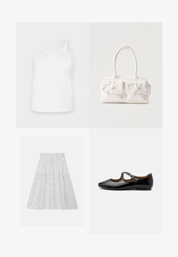 Débardeur en coton blanc avec un design à une seule épaule, présentant un accent noué. Texture lisse et style minimaliste.; Jupe blanche avec une taille froncée et des pois noirs, dotée d'un design à volants qui ajoute du volume et de la texture.; Chaussure plate Mary Jane en cuir verni noir avec deux découpes et une bride à boucle dorée sur fond blanc.; Sac à main synthétique blanc avec deux poches avant, chacune ornée d'un nœud noué. Texture lisse, anses arrondies et fermeture zippée.