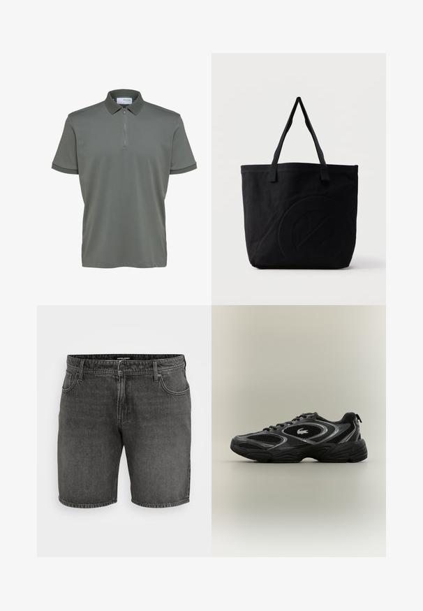 Graues Poloshirt mit kurzen Ärmeln, Reißverschluss am Kragen und strukturiertem Besatz an Kragen- und Ärmelenden, mit Selected Homme-Etikett.; Schwarze Jeansshorts mit einem klassischen Fünf-Taschen-Design, Knopfverschluss und gestickten Akzenten. Hergestellt aus strapazierfähigem Baumwollmaterial.; Schwarzer und grauer Sportschuh mit Netzpaneelen, Schnürdesign, dicker Sohle und einem kleinen Krokodil-Logo an der Seite.; Schwarze Canvas-Shopper-Tasche mit zwei Schulterriemen und einem dezenten, eingeprägten kreisförmigen Design auf der Vorderseite.