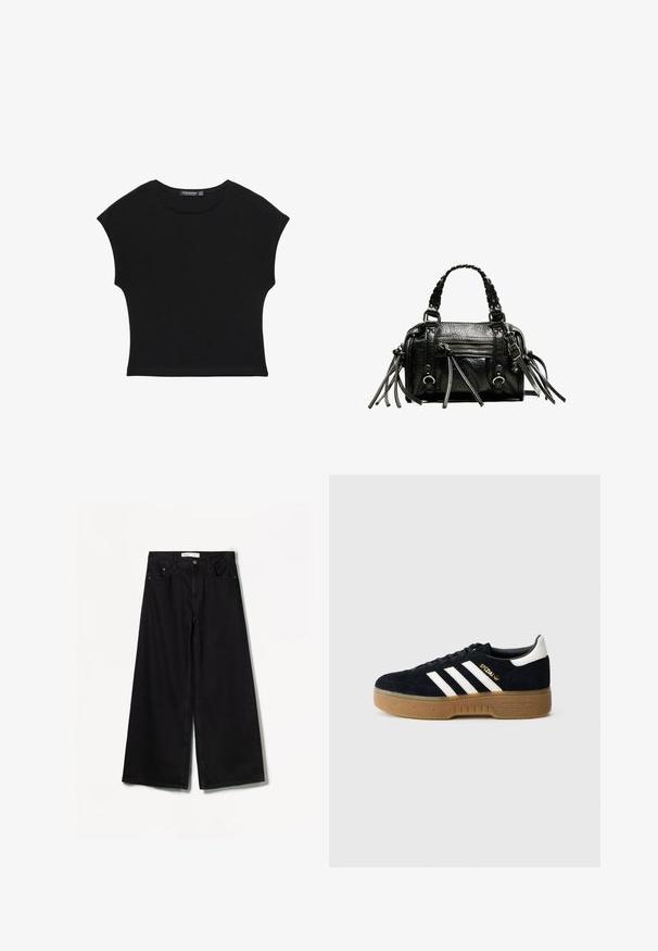 Schwarzes, kurzärmeliges Crop-Top mit rundem Ausschnitt und leicht taillierter Passform, gefertigt aus weichem, leichtem Stoff.; Schwarze weit geschnittene Jeans aus Denim. Mit hoher Taille, Vorder- und Gesäßtaschen sowie silberfarbener Hardware an der Knopf- und Reißverschlussöffnung.; Schwarzer Wildledersneaker mit weißen drei Streifen und goldfarbenem Logo. Gummisohle mit strukturiertem Grip. Klassisches Low-Top-Design, abgerundete Zehenkappe.; Schwarze Lederhandtasche mit geflochtenen Tragegriffen, texturiertem Oberflächen, einem Reißverschluss-Frontfach und dekorativen Fransenakzenten. Kompakte und strukturierte Form.