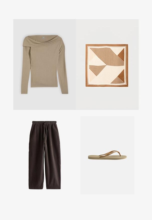 Beige top met lange mouwen, ontworpen met een off-the-shoulder stijl en een gladde textuur. Gemaakt van een zacht, lichtgewicht materiaal.; Donkerbruine, gestructureerde broek met wijde pijpen, elastische tailleband en verstelbaar trekkoord, casual ontspannen pasvorm.; Beige teenslipper met gestructureerde zool en bronzen metalen Y-vormige banden op een witte effen achtergrond.; Vierkante sjaal met diagonale en verticale streeppatronen in bruin-, beige- en crèmekleuren met een effen bruine rand.