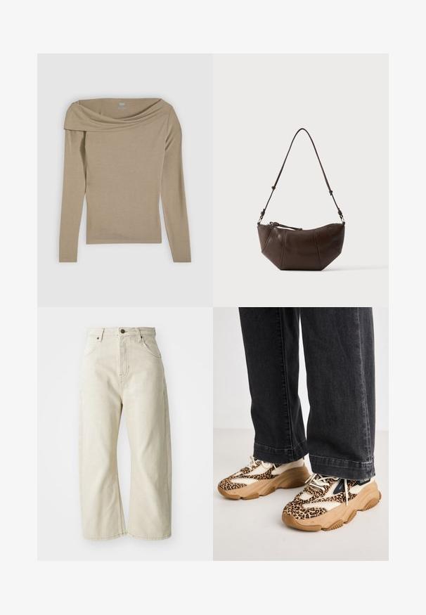 Beige langærmet top med skulderfri design og glat tekstur. Fremstillet af et blødt, letvægtsstof.; Beige wide-leg jeans lavet af bomuldsdenim, med høj talje, fem lommer og en subtil falmet tekstur. Messingknap lukning.; Sneakers med leopardprint og mesh- og læderpaneler, tan-gummisål og kontrasterende sorte accenter. Båret med løstsiddende mørke jeans.; Brun læder skuldertaske med buet bund og justerbar rem mod en ensfarvet lys baggrund.