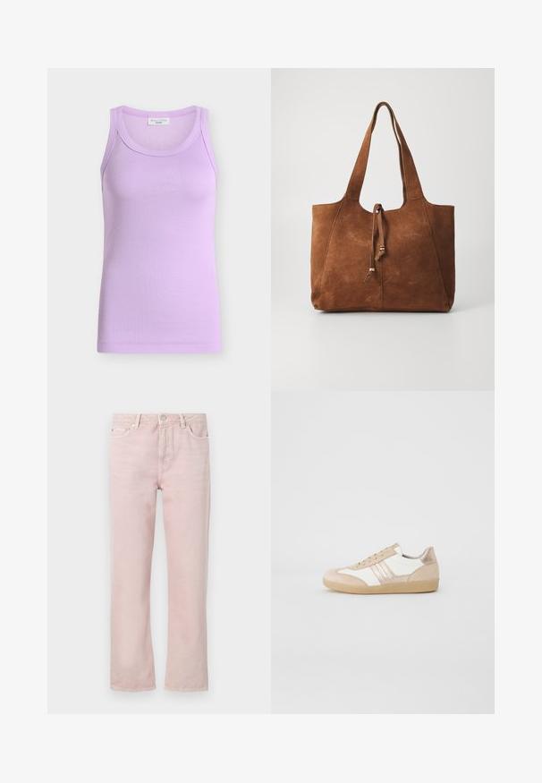 Syrenlilla ribstrikket ærmeløs tanktop med rund halsudskæring, tætsiddende pasform og Marc O’Polo Denim mærkat indeni kraven.; Lys rosa denimjeans med lige pasform, fem lommer og lynlås. Har sy detaljer og hardware i sølvfarve.; Beige og hvide sneakers lavet af ruskind og læder. Har en afrundet tå, snørelukning og en struktureret gummisål.; Brun ruskinds tote bag med to lange håndtag, snøre lukning og glat tekstur. Har et enkelt design og minimale accenter.