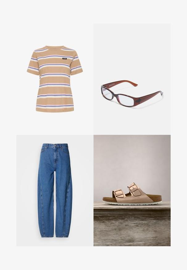 Beige T-shirt met korte mouwen en horizontale strepen in blauw, wit en roze, met een klein zwart "Pulz Jeans" logo op de borst.; Blauwe spijkerbroek met een losse pasvorm, voorzien van een hoge taille, twee voorzakken en een rechte pijp. Gestikte details langs de naden.; Roze-gouden slidersandalen met twee verstelbare metalen gespen, kurken voetbed en witte rubberen zool. Gladde metalen afwerking, open teen ontwerp.; Bruin getinte rechthoekige brillen met een glanzende afwerking, met slanke pootjes en doorzichtige glazen. Logo zichtbaar op de linkertempel.