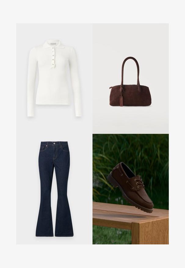 Polo blanc à manches longues côtelé avec cinq boutons et un col rabattu sur un fond uni.; Jean en denim bleu foncé avec une taille haute, bouton et fermeture éclair à l'avant, style classique à cinq poches, et jambes évasées.; Chaussure bateau en cuir marron à semelle robuste suspendue au-dessus d'un banc en bois, sur fond de feuillage vert extérieur.; Sac à main en daim marron foncé avec deux longues anses et une petite étiquette attachée, sur un fond clair uni.