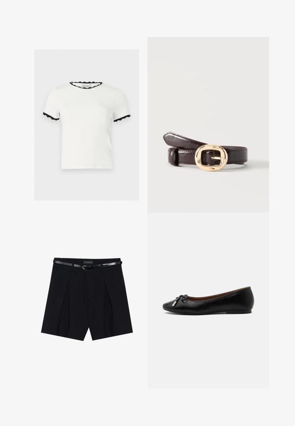 Wit shirt met korte mouwen en zwarte getande rand aan de kraag en mouwranden, met het label Anna Field.; Zwarte op maat gemaakte shorts met plooien, voorzien van een slanke zwarte riem met een gouden gesp. Gemaakt van een soepele stof, die een verfijnde uitstraling biedt.; Zwarte leren ballerina met een afgeronde neus, een klein strikje met goudkleurige uiteinden en een lage platte hak op een grijze achtergrond.; Donkerbruine leren riem opgerold met een glanzende gouden afgeronde rechthoekige gesp op een effen lichte achtergrond.