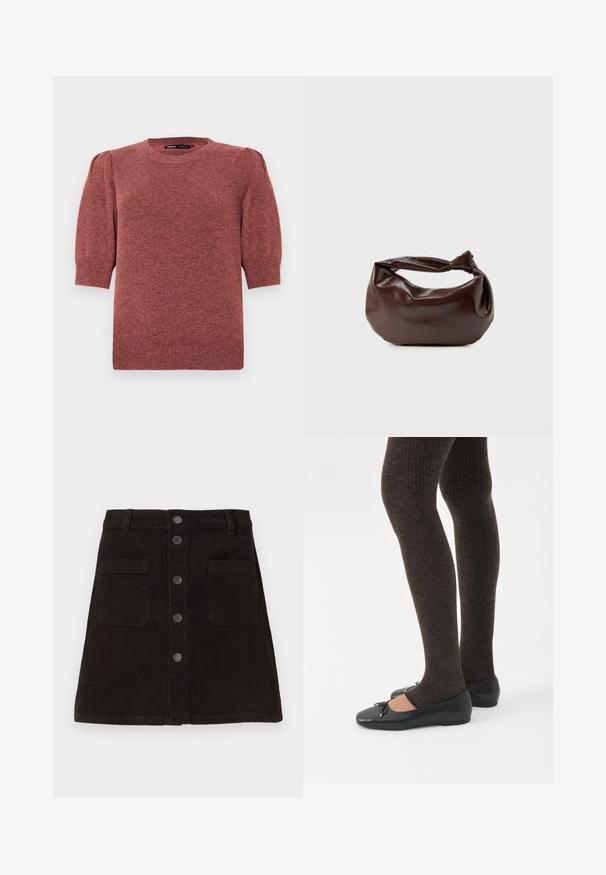 Kortærmet, strikket sweater i en rødbrun nuancere. Har en rund halslinje og subtile puffede skuldre med ribbede detaljer ved kanten og ærmerne.; Brun kordfløjl A-linje nederdel med knapfront, to forlommer og teksturerede lodrette striber. Standard talje med bæltestropper.; Ben iført mørke ribbede leggings kombineret med sorte balletsko med små sløjfedetaljer på hvid baggrund.; Mørkebrun læder skuldertaske med en blød, afslappet form og et snoet knudehåndtag på en ensartet hvid baggrund.
