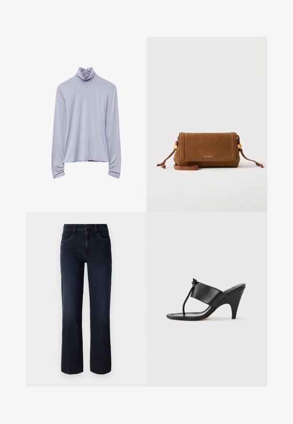 Lichtpaarse coltrui gemaakt van zachte stof, met een gerimpelde hals en gerimpelde manchetten, in een relaxte pasvorm en lange mouwen.; Mother THE MID RISE RAMBLER - Straight leg jeans - dunkelblau; Zwarte sandaal met hoge hak, voorzien van een brede voorband en een teenlus met een knoopdetail van koord, vanuit zijaanzicht getoond op een witte achtergrond.; Bruine suède rechthoekige crossbodytas met verstelbare band, gouden beslag en sluiting met klep aan de voorkant, gebrandmerkt met "Coccinelle" in kleine gouden letters.