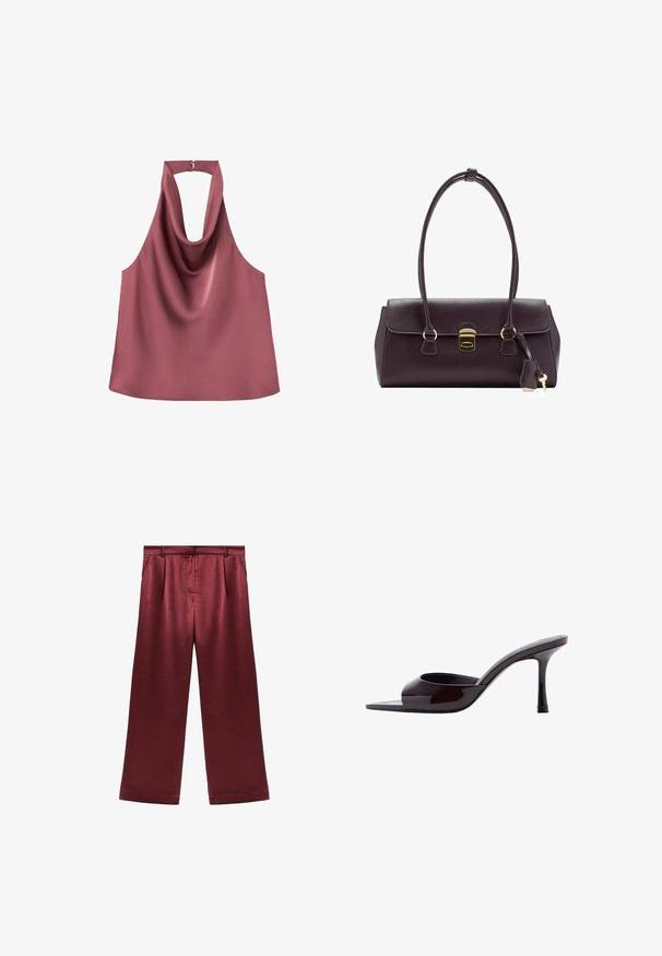 Top sans manches mauve à col halter avec un drapé à l'avant et une petite fermeture à clip à l'arrière du col.; Pantalons larges bordeaux en satin avec une texture lisse, dotés d'une taille haute et de deux poches latérales pour un détail fonctionnel.; Mule en cuir verni noir à bout ouvert avec un talon stiletto fin de hauteur moyenne et une bride supérieure basse.; Sac à main en cuir violet foncé avec un design structuré, deux poignées, des accessoires dorés, un rabat plat avec un fermoir et un détail porte-clés.