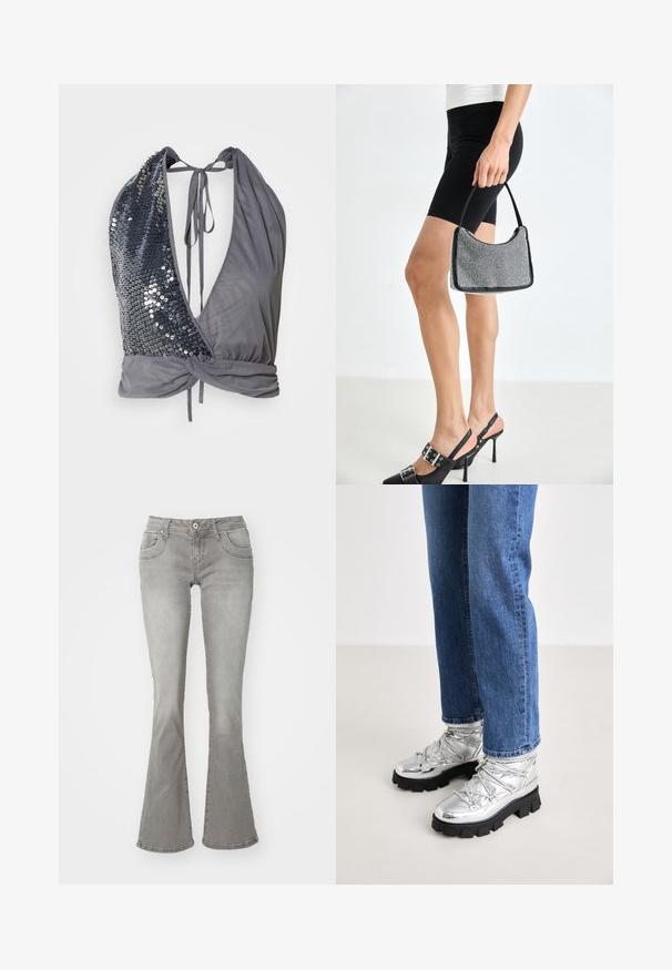 Top à col halter en tissu gris avec un décolleté en V profond. Un côté présente des sequins noirs, tandis que l'autre est lisse avec un détail noué dans le dos.; Jeans gris évasés avec une taille mi-haute, poches avant et fermeture à bouton, fabriqués en denim avec une texture lisse.; Bottines argentées métalliques avec une semelle noire robuste, présentant un dessus rembourré et des lacets, associées à un jean droit bleu.; Sac à main à perles noires avec une silhouette courbée, une poignée de transport et une texture brillante. Porté avec des chaussures à talons hauts noires et un short noir ajusté.