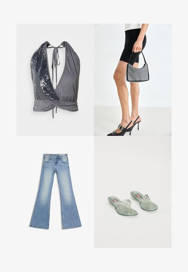 Halterneck-Top aus grauem Stoff mit einem tiefen V-Ausschnitt. Eine Seite ist mit dunklen Pailletten besetzt, während die andere glatt ist und einen gebundenen Rückendetail hat.; Hellblaue Jeans aus Denim mit hoher Taille, vorderen Taschen und ausgestellten, weiten Beinen, flach auf einem weißen Hintergrund liegend.; Transparente Jelly-Sandalen mit gewelltem Design, ausgestattet mit einem Zehensteg und einem geriffelten Sohlenmuster. Die Farben umfassen hellgrün und klare Töne.; Schwarze Perlen-Handtasche mit geschwungener Silhouette, Tragegriff und glänzender Textur. Kombiniert mit schwarzen High Heels und enganliegenden schwarzen Shorts.