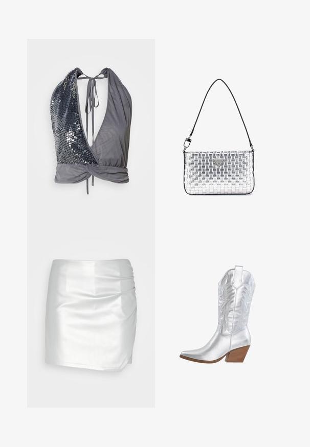 Halter-nektop in grijze stof met een diepe V-hals. Aan de ene kant zijn donkere pailletten, terwijl de andere kant glad is met een strikdetail aan de achterkant.; Even&Odd by Zalando Shorts - silver; Zilveren cowboylaars met puntige neus, gegraveerd bloemmotief en een gestapelde houten hak. Gladde metallic afwerking en hoge schacht.; Zilveren gevlochten handtas met een zwarte schouderband, voorzien van een driehoekig metalen logo-detail en een gladde, glanzende textuur.